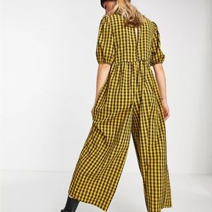 ASOS DESIGN short sleeve smock jumpsuit in mustard check NWOT US 4 Small